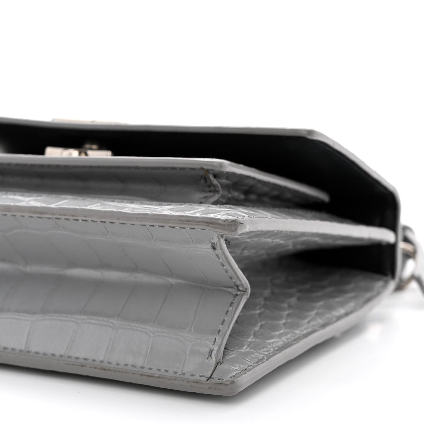 Shiny Calfskin Crocodile Embossed XS Sharp Top Handle Bag Balenciaga Grey