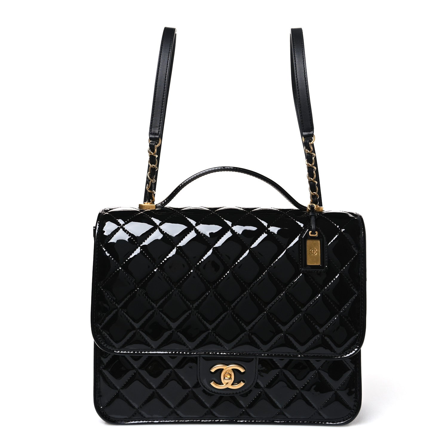 Chanel Patent Quilted Large School Memory Top Handle Flap Black Black