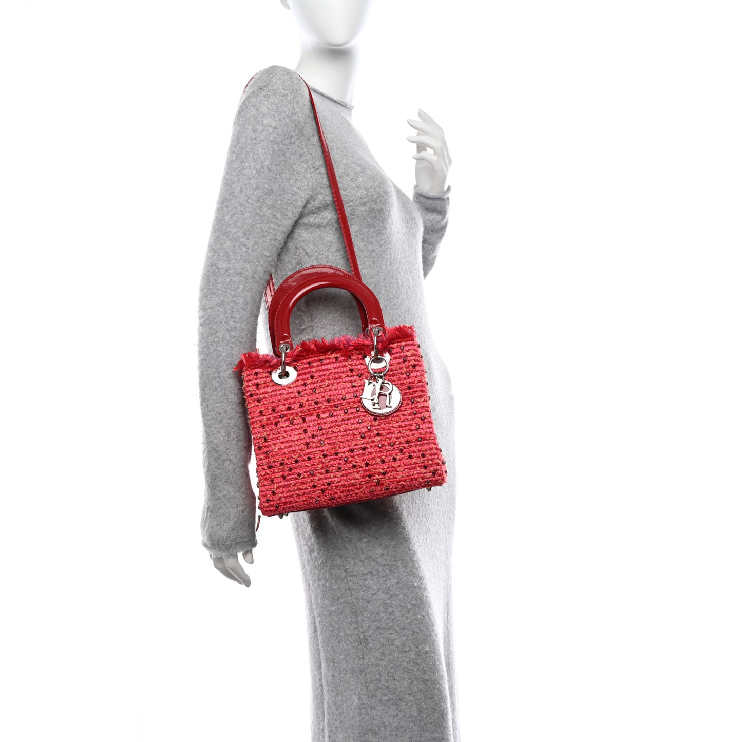 Tweed Fringe Rhinestone Medium Lady Dior Red