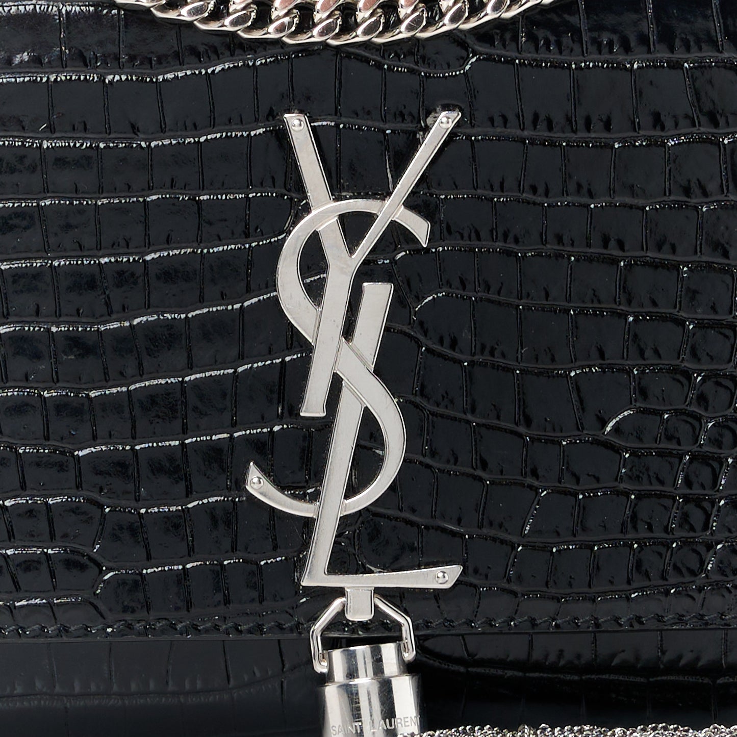 Calfskin Crocodile Embossed Small Classic Monogram Kate Tassel Satchel Black