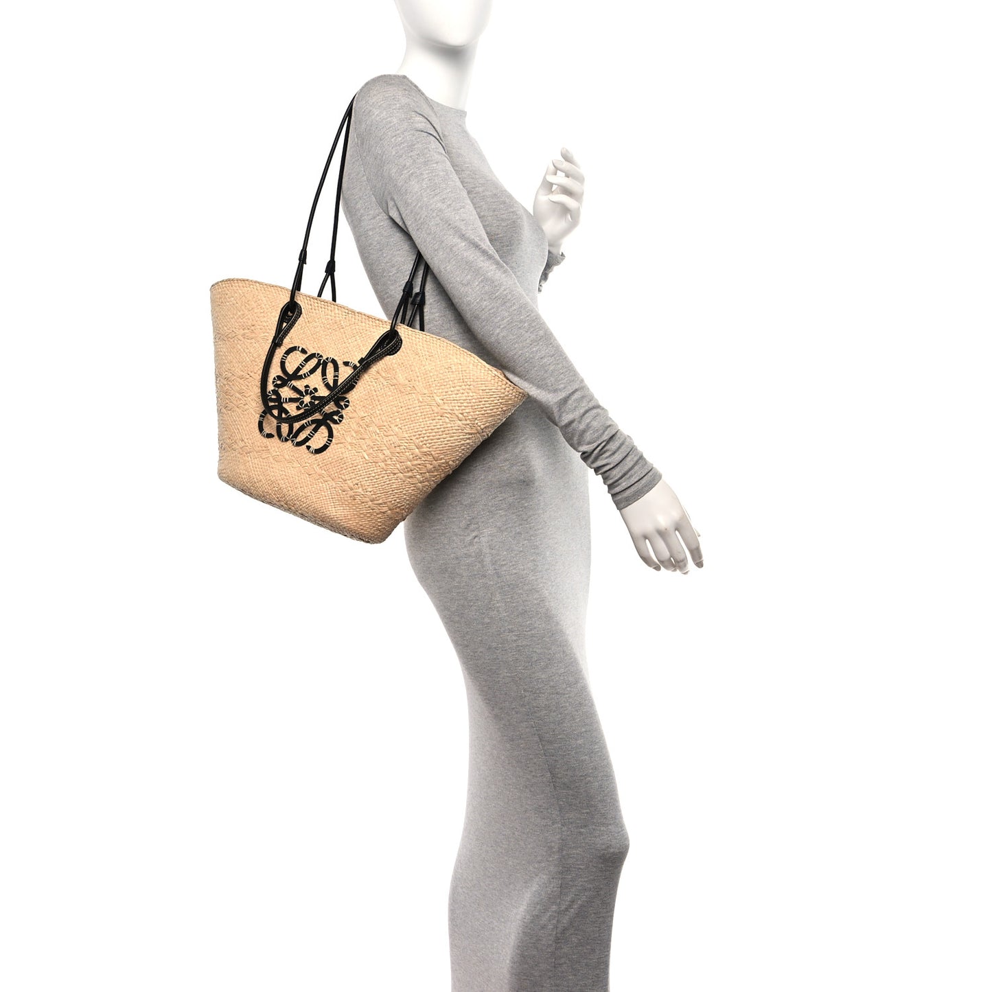 Iraca Palm Calfskin Medium Anagram Basket Bag Natural Black