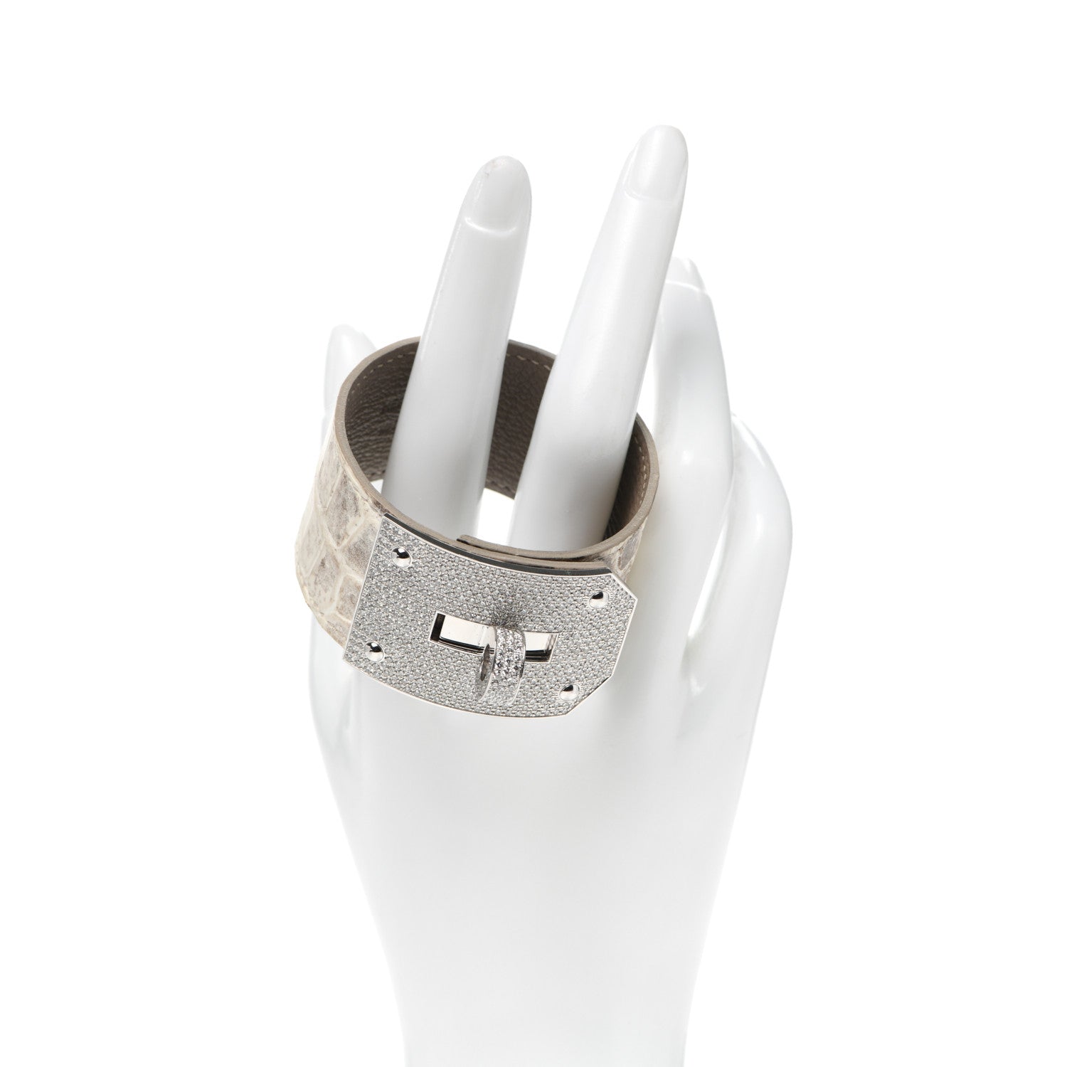 Hermes 18K White Gold Diamond Matte Niloticus Crocodile Himalaya Kelly Bracelet Blanc SH 3 of 7