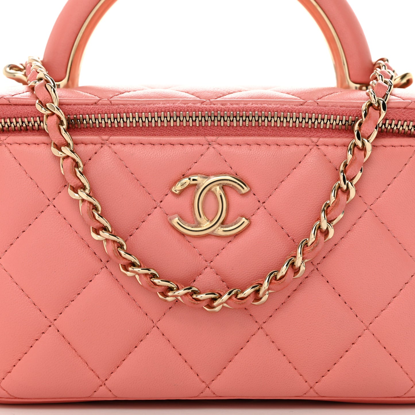 Lambskin Quilted Small Charming Top Handle Vanity Case With Chain Pink
