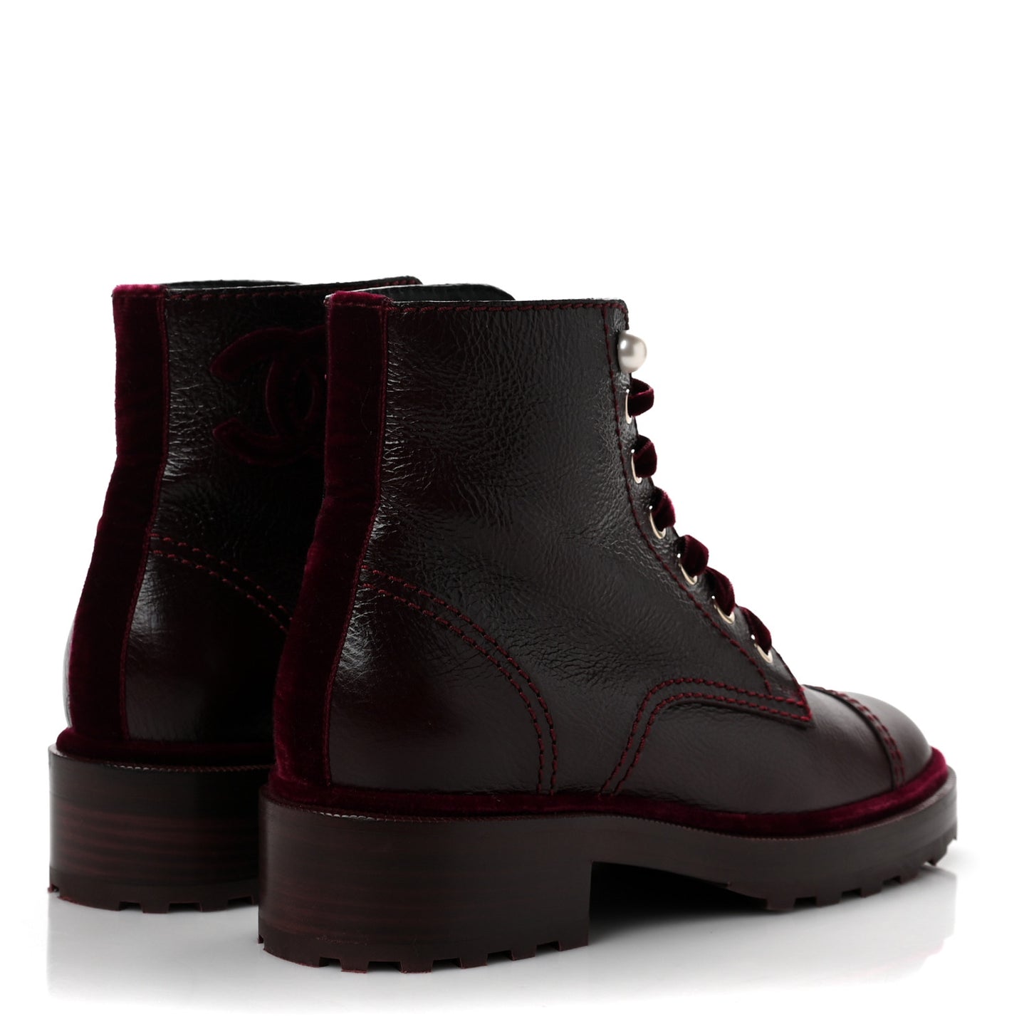 Calfskin Velvet Pearl Combat Short Boots 37.5 Burgundy