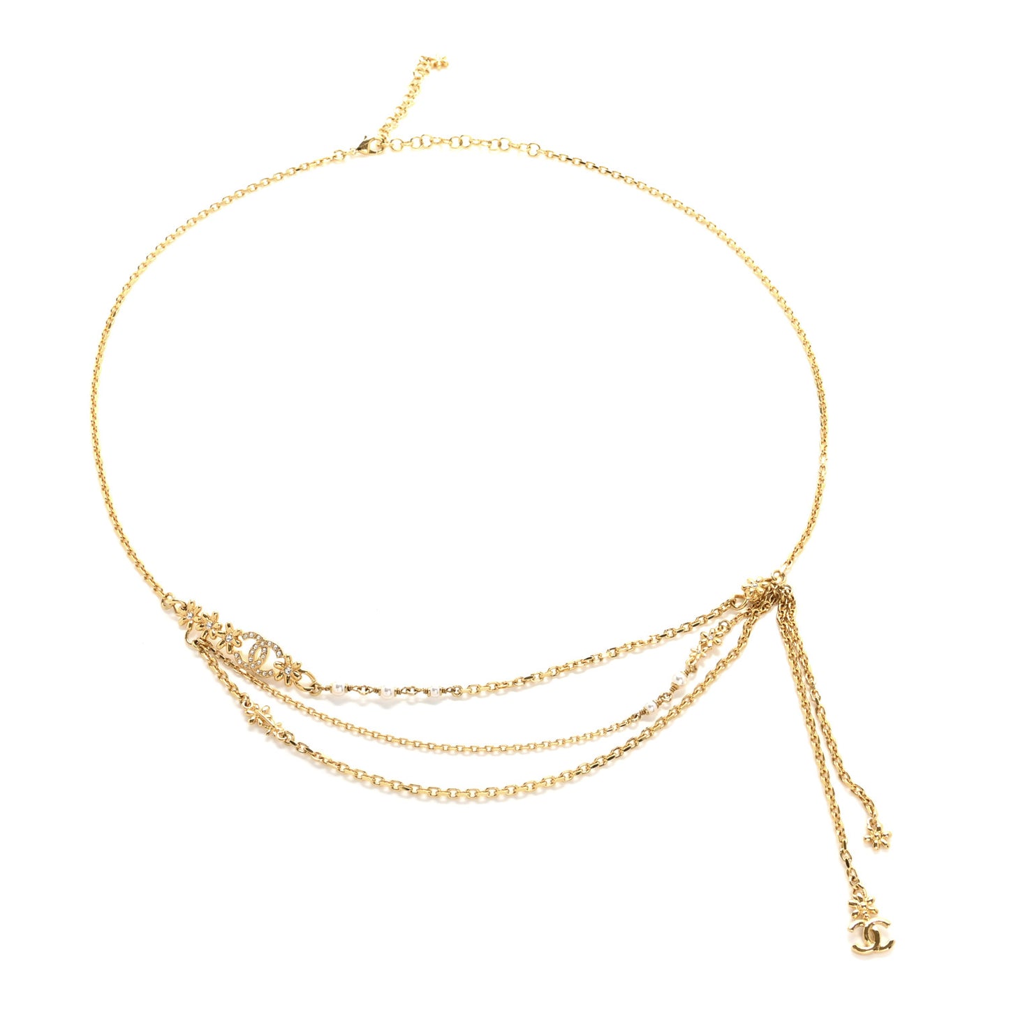 Pearl Crystal CC Flower Chain Belt Gold White