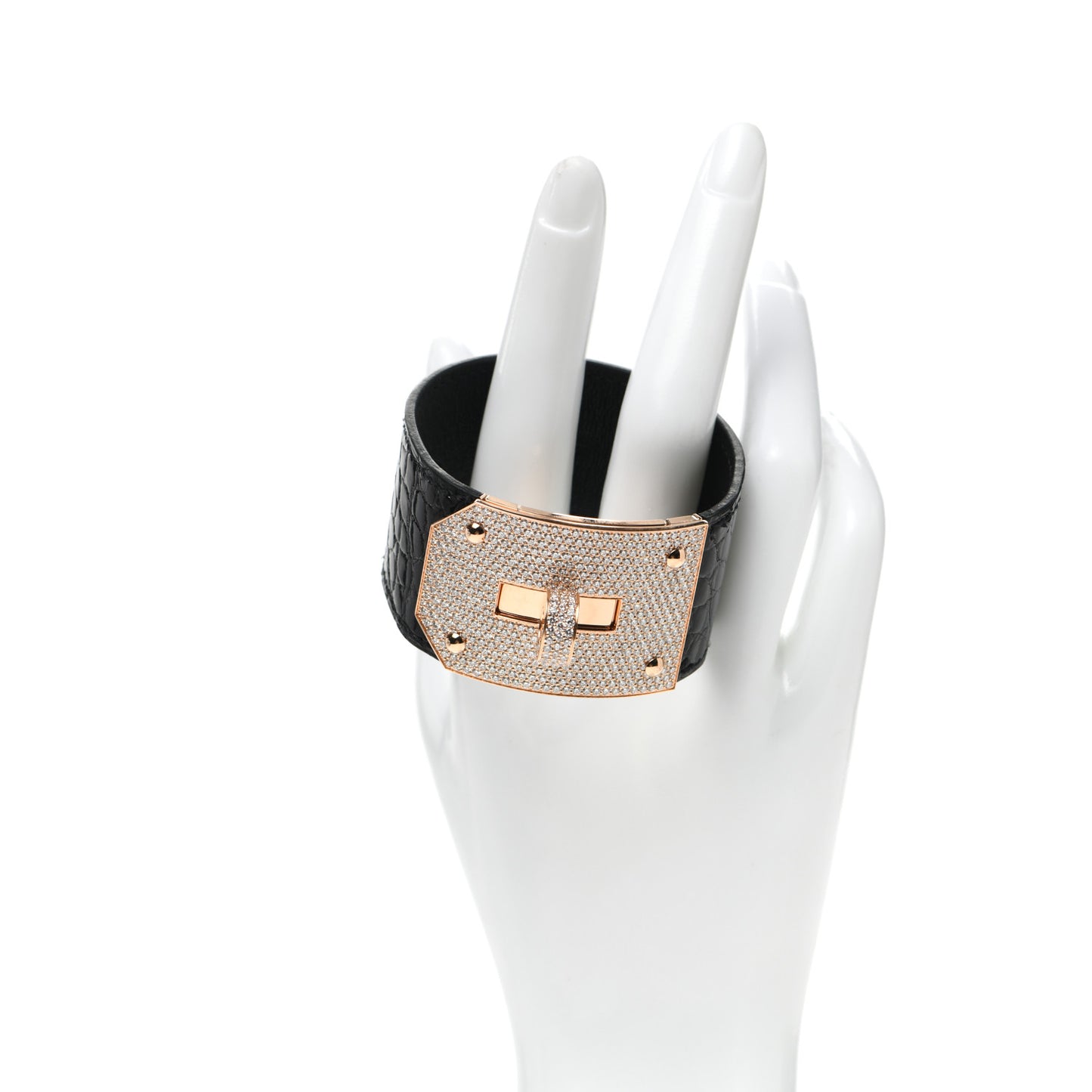 18K Rose Gold Shiny Crocodile Diamond Kelly Bracelet Noir