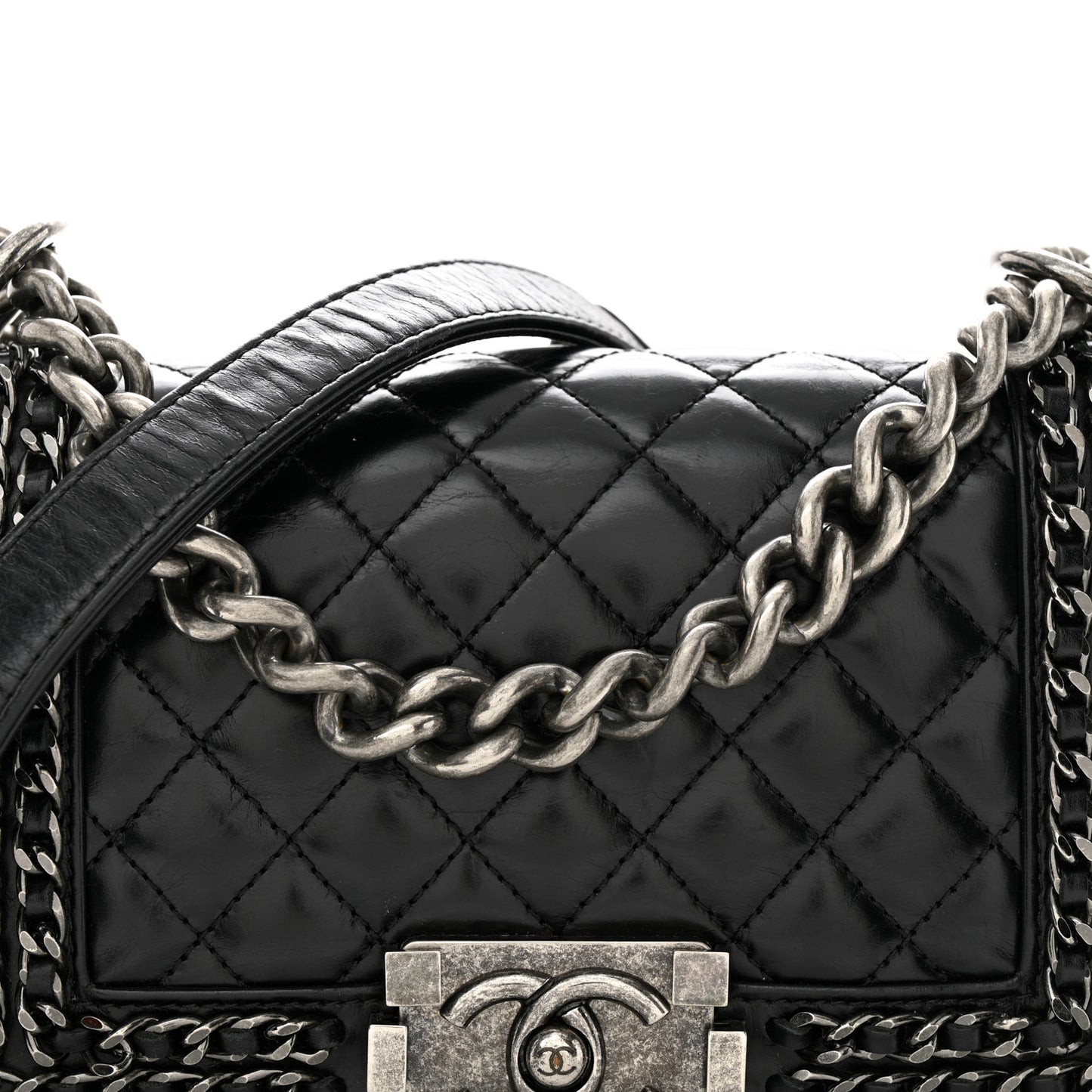 Glazed Calfskin Quilted Small Boy Chained Flap Black