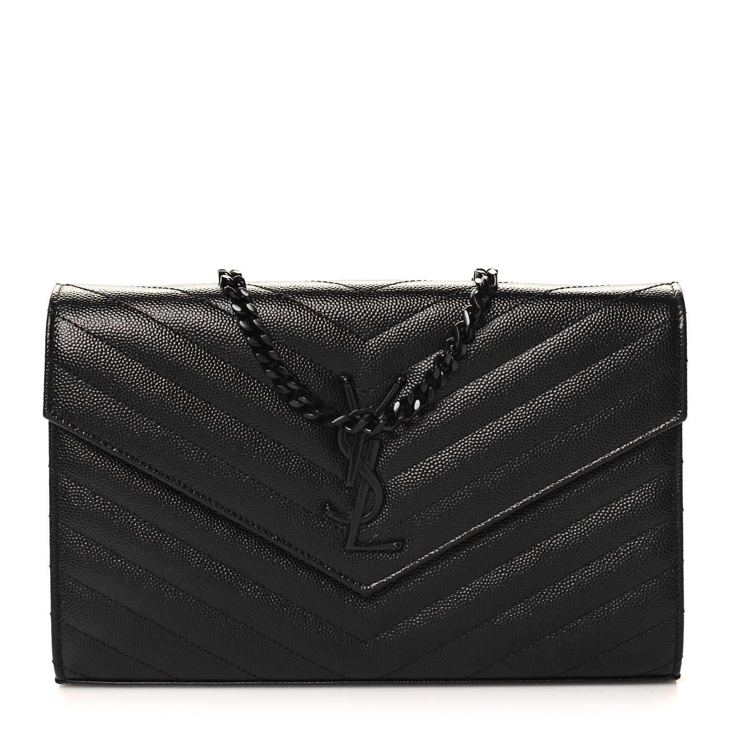 Saint Laurent Grain De Poudre Matelasse Chevron Monogram Monochrome Chain Wallet Black 1 of 11