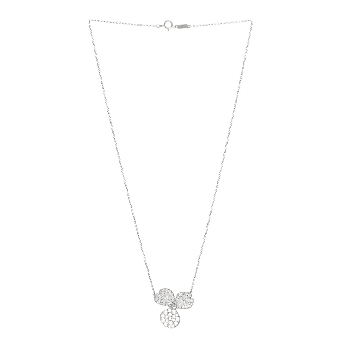 Platinum Diamond Large Paper Flowers Pave Pendant Necklace