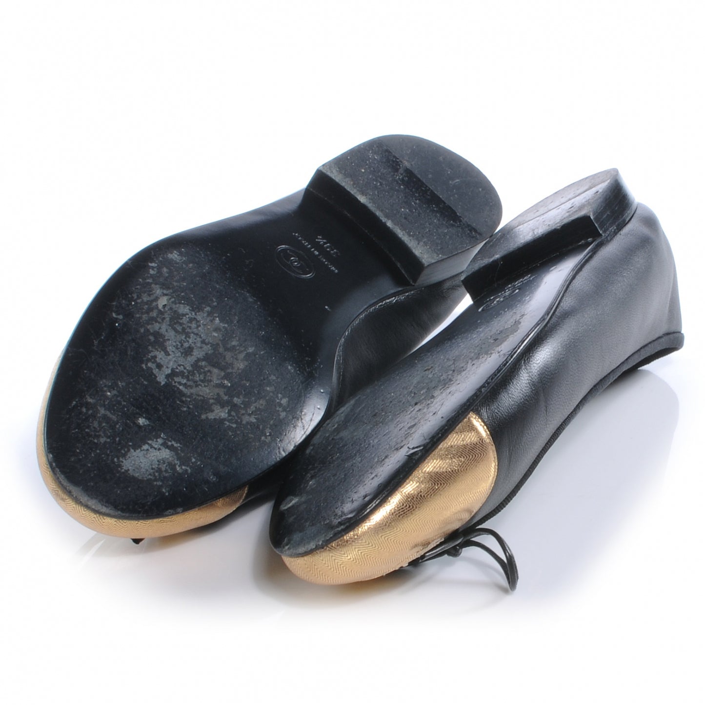 Leather Cap Toe Ballet Flats 39.5 Black Gold