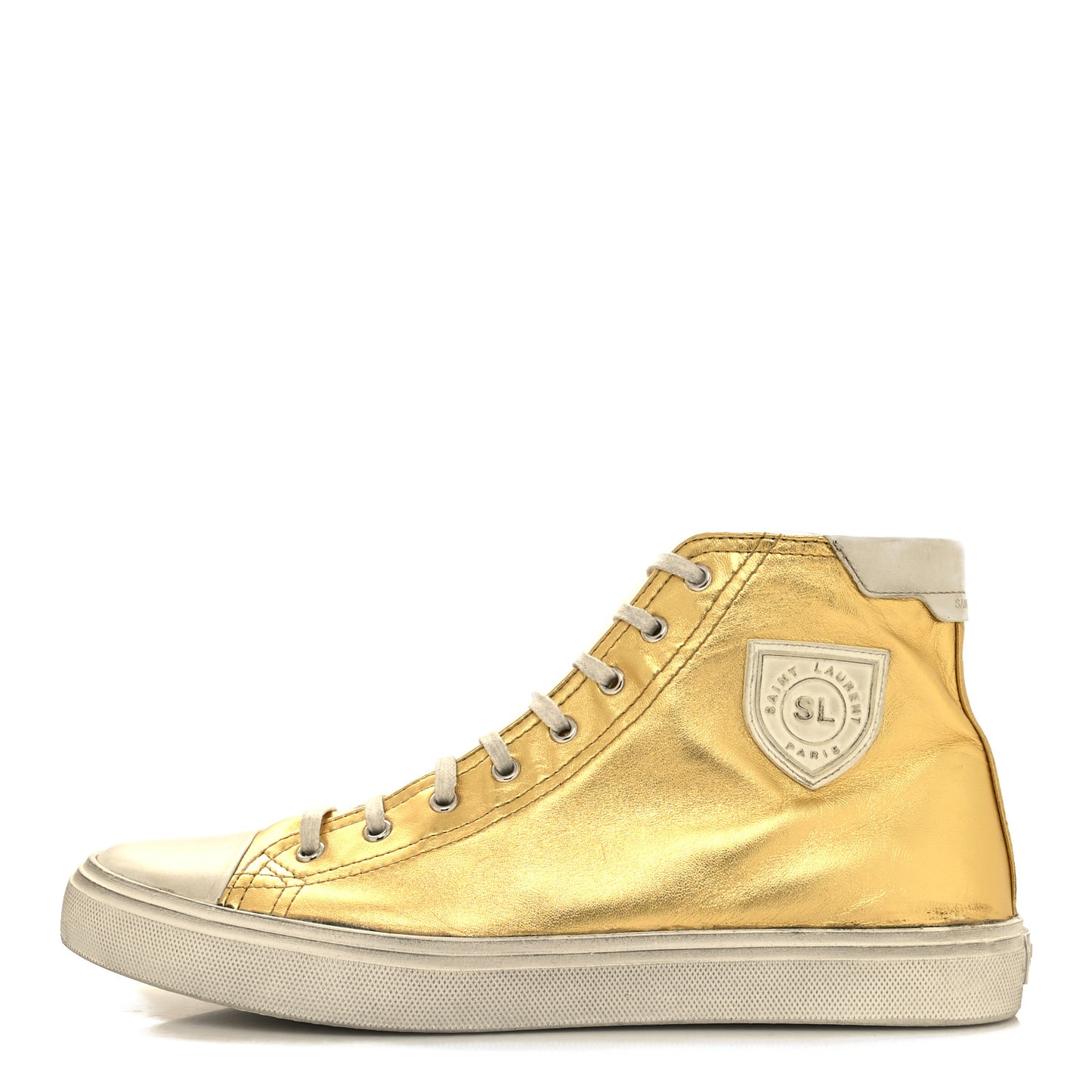 Distressed Calfskin Bedford Logo-Appliqued Hightop Sneakers 44 Gold Cream White
