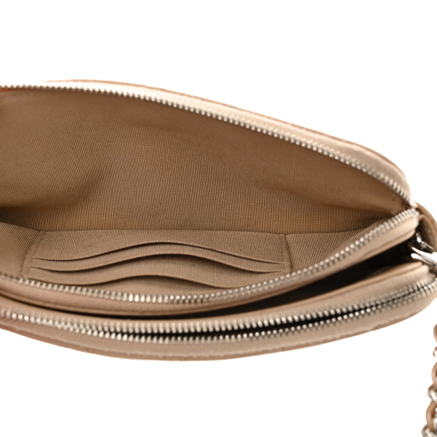 Iridescent Caviar Quilted Small Clutch With Chain Beige