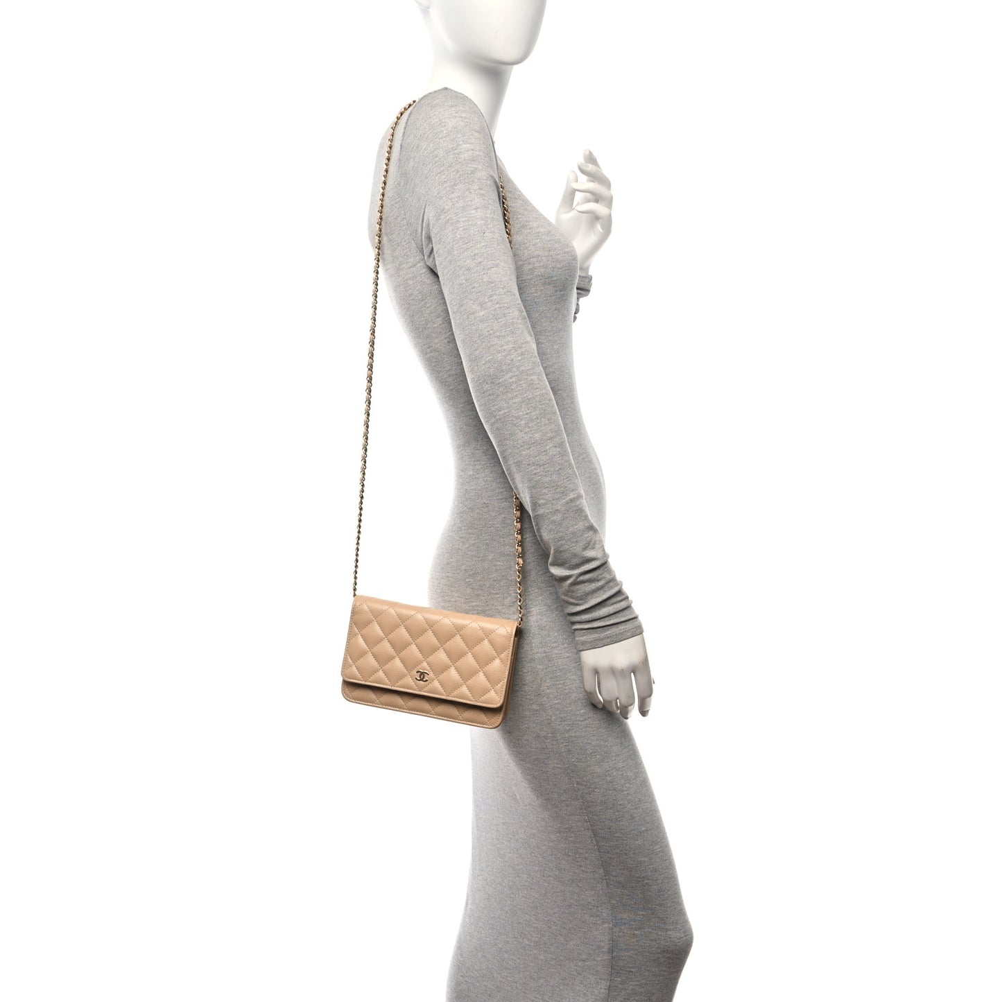 Caviar Quilted Wallet on Chain WOC Beige