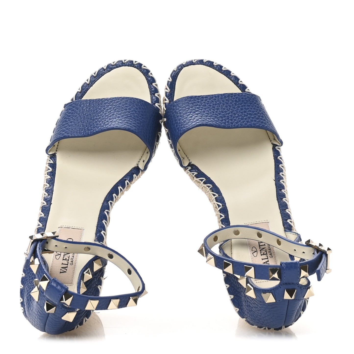 Grained Calfskin Rockstud Ankle Strap Espadrille Wedge Sandals 36 Baltique