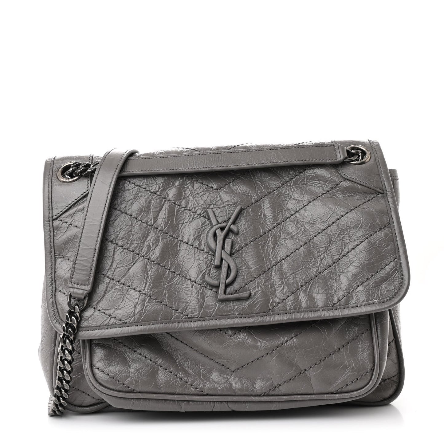 Crinkled Calfskin Matelasse Monogram Medium Niki Chain Satchel Fog