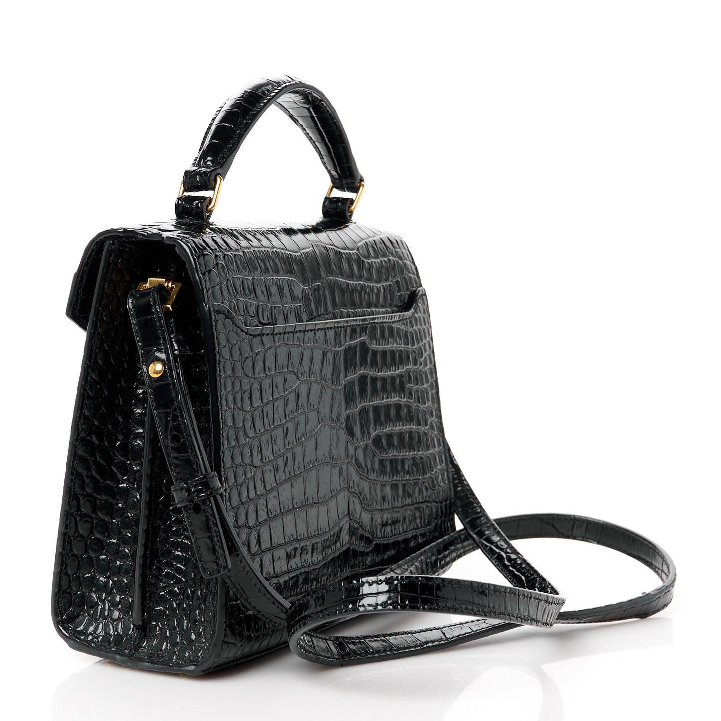Calfskin Crocodile Embossed Mini Classic Monogram Cassandra Top Handle Black