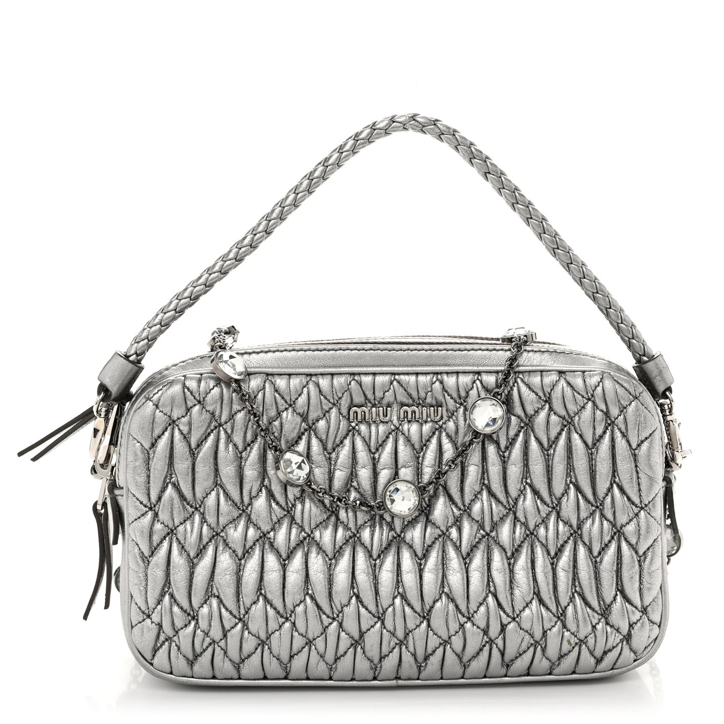 Metallic Nappa Matelasse Crystal Double Zip Pochette Cromo