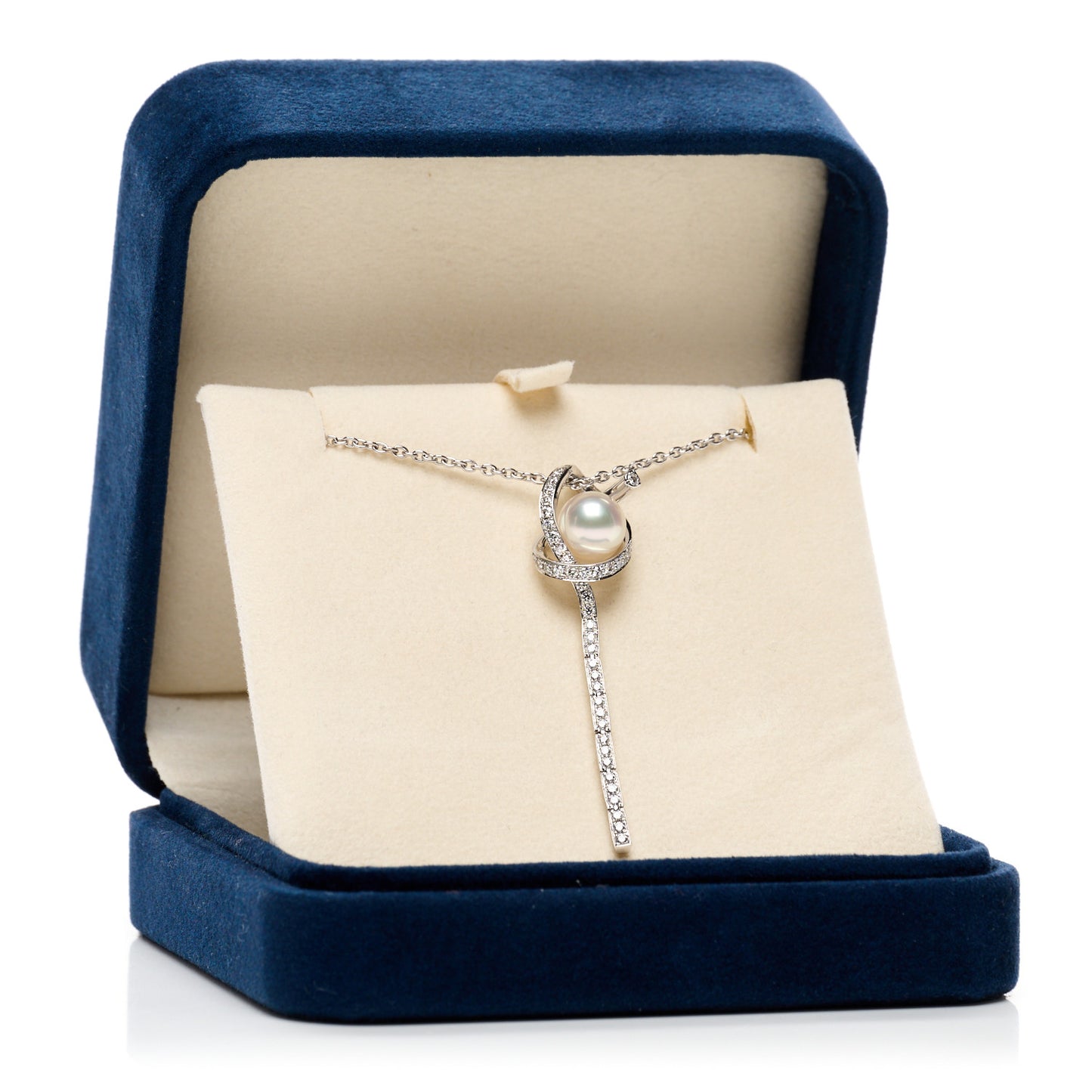 18K White Gold Diamond Akoya Cultured Pearl 8mm Ribbon Drop Pendant Necklace