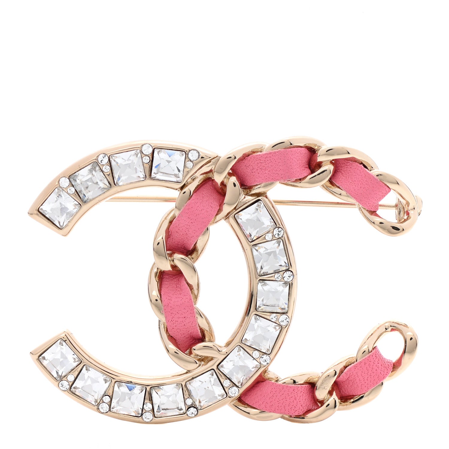 Chanel Lambskin Baguette Crystal CC Chain Brooch Pink Gold 1055317