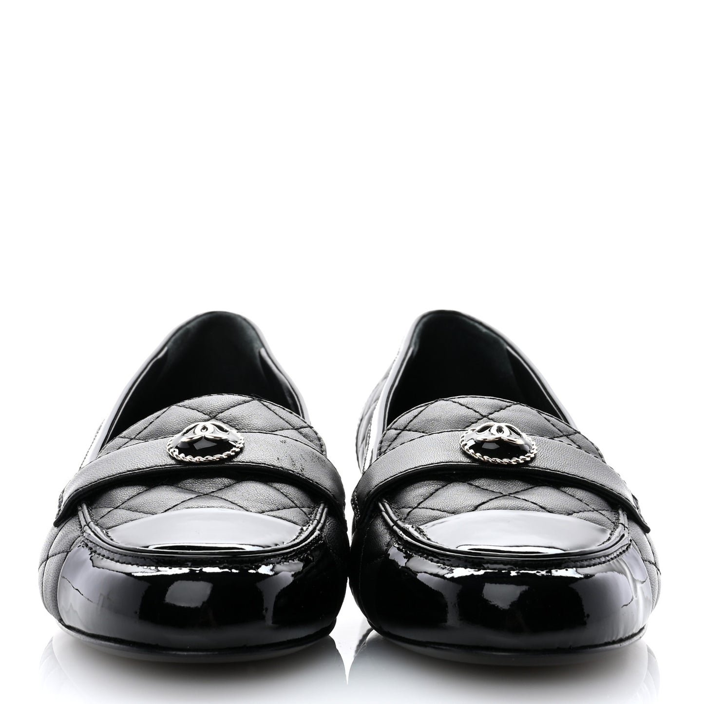 Lambskin Quilted Patent Calfskin Cap Toe CC Loafers 40 Black