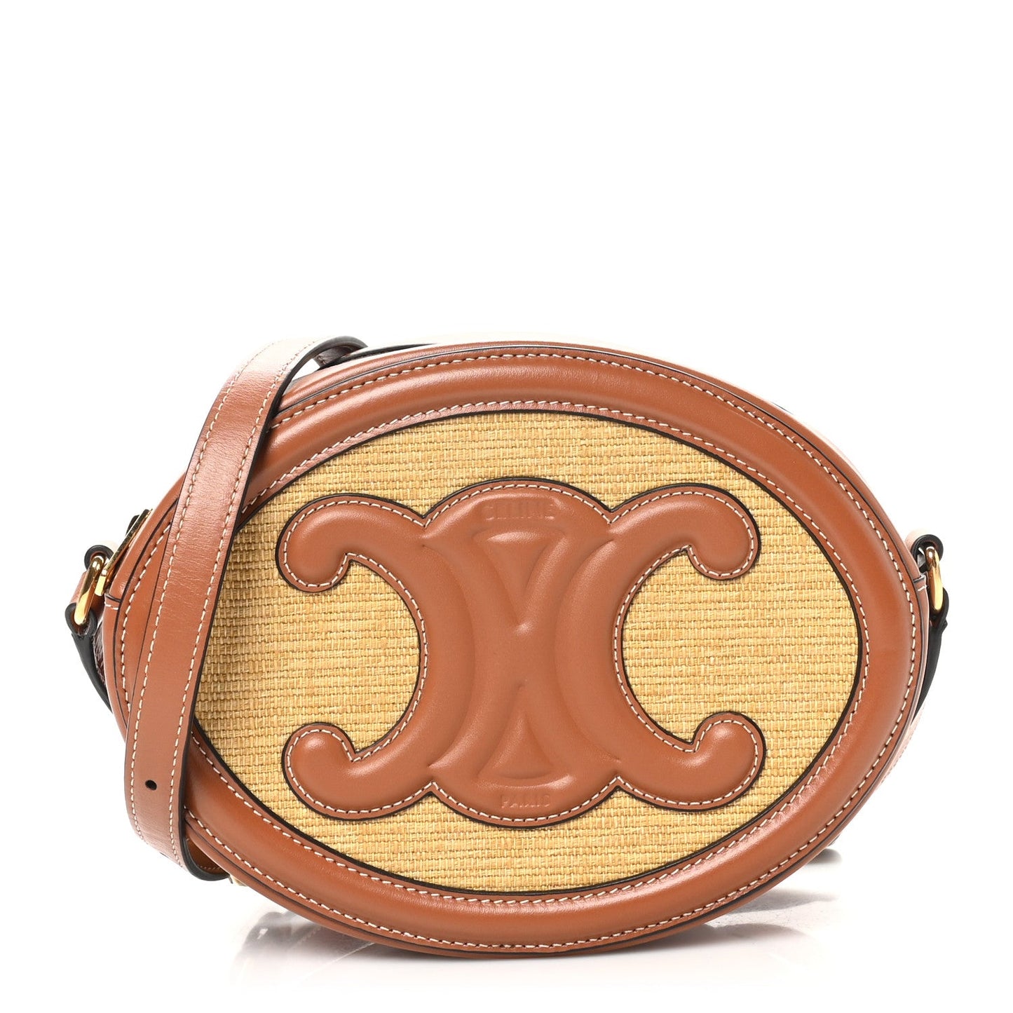 Calfskin Straw Triomphe Oval Purse Crossbody Natural Tan