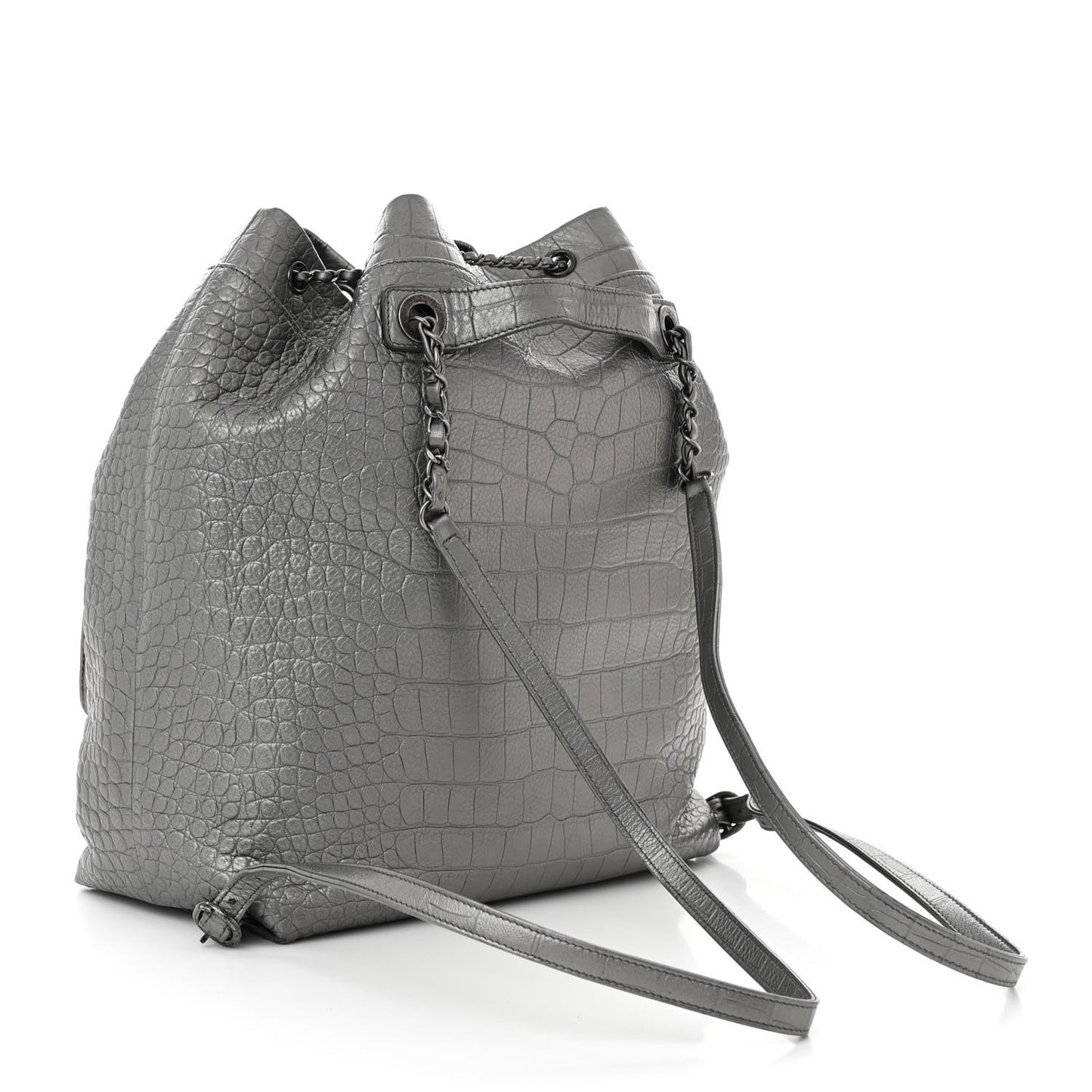Metallic Calfskin Crocodile Embossed Large Backpack Silver