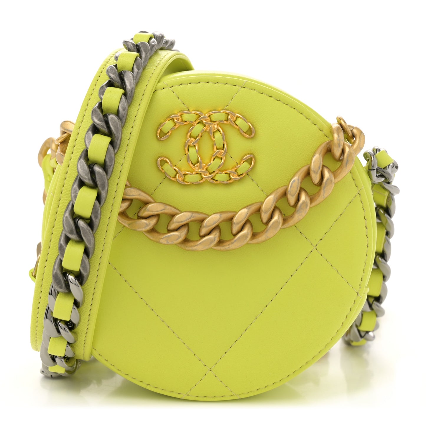 Lambskin Quilted Chanel 19 Round Clutch With Chain Yellow