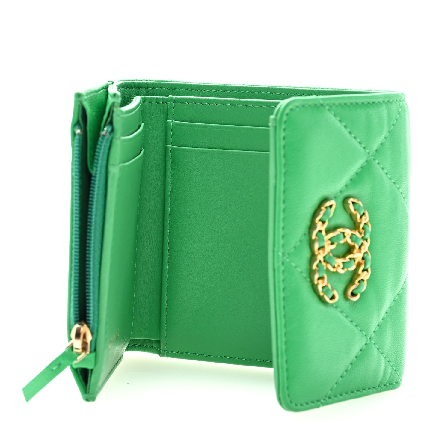 Goatskin Quilted Chanel 19 Small Flap Wallet Green