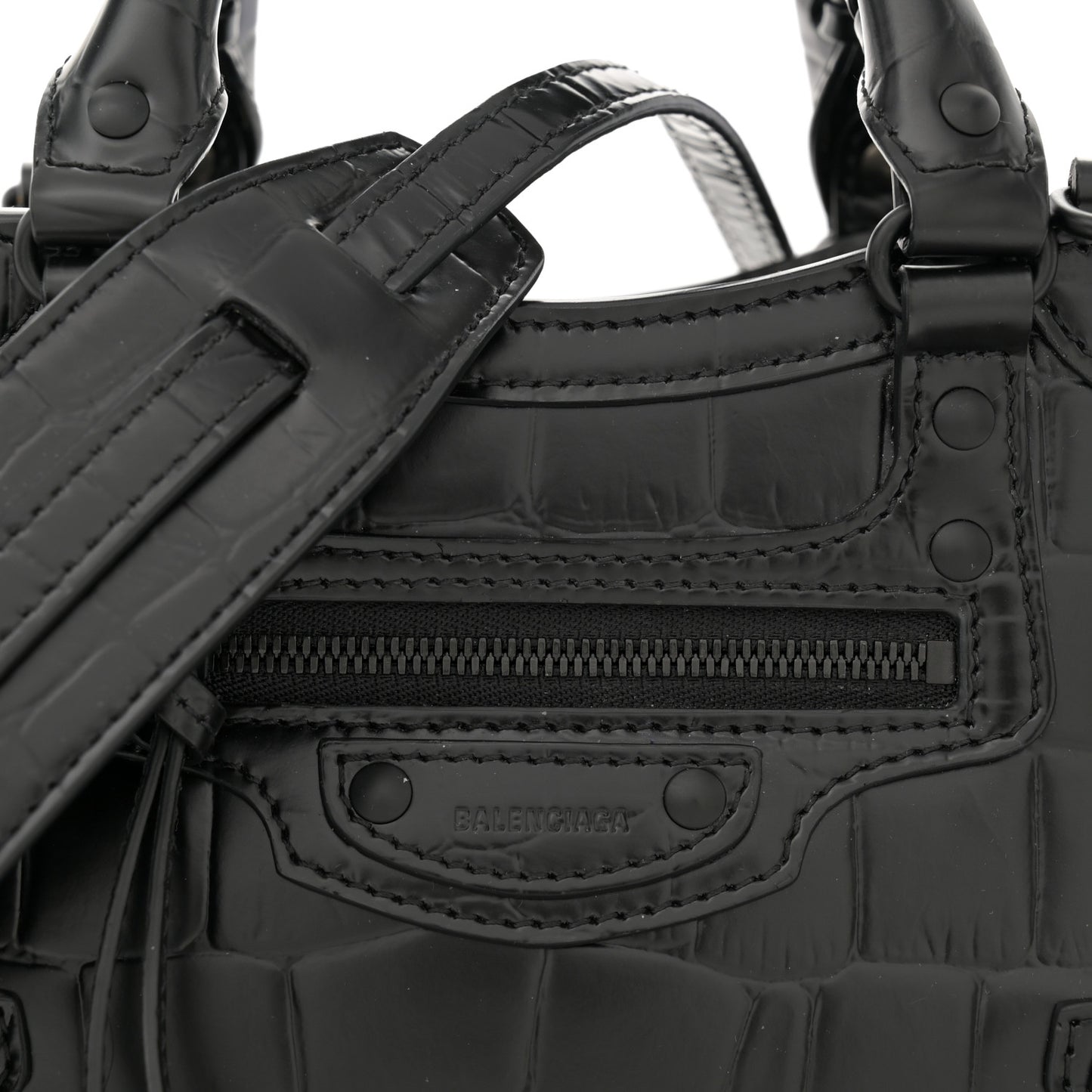 Semi Shiny Calfskin Crocodile Embossed Neo Classic Black Hardware Mini City Black