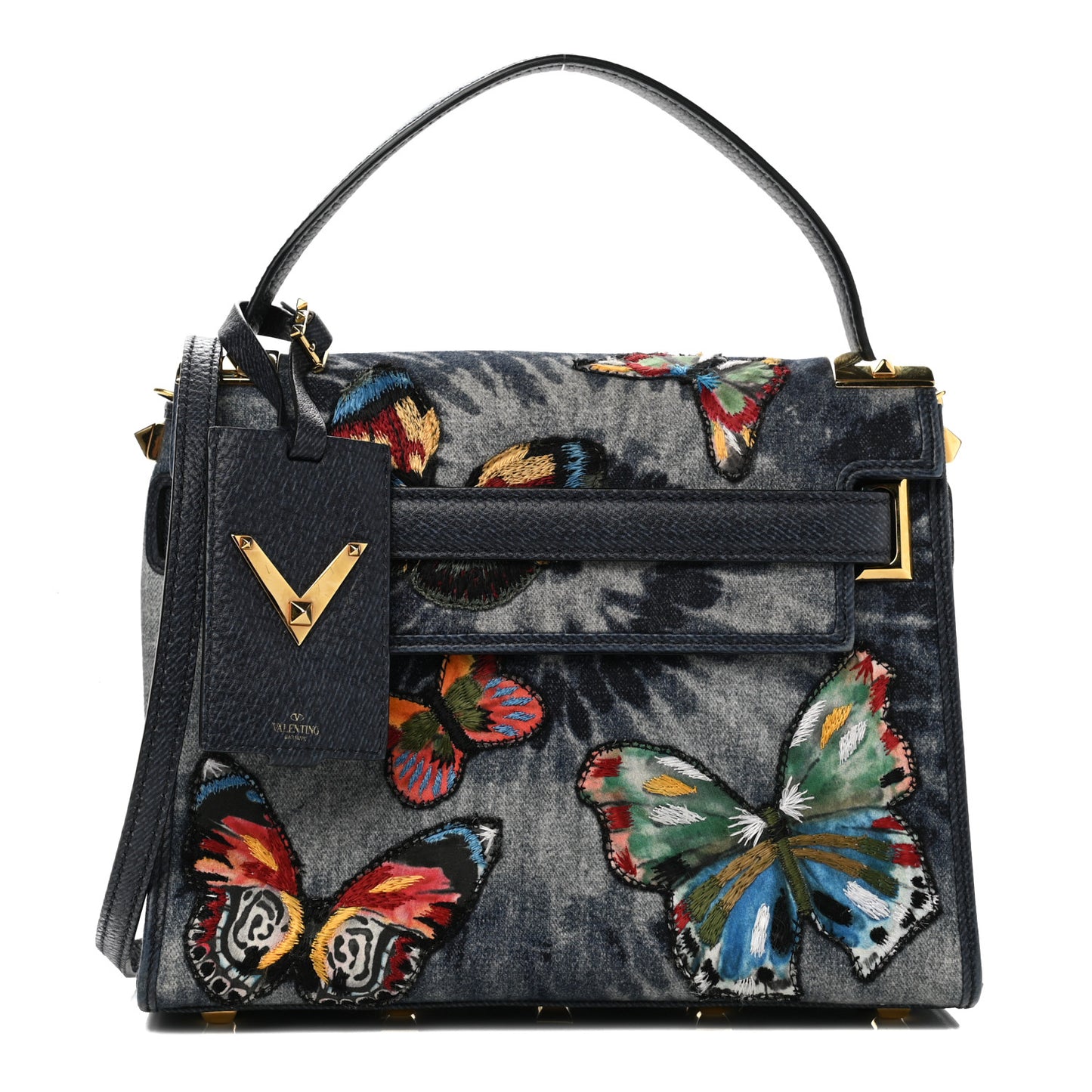 Denim Butterfly Embroidered Small My Rockstud Frame Bag Blue
