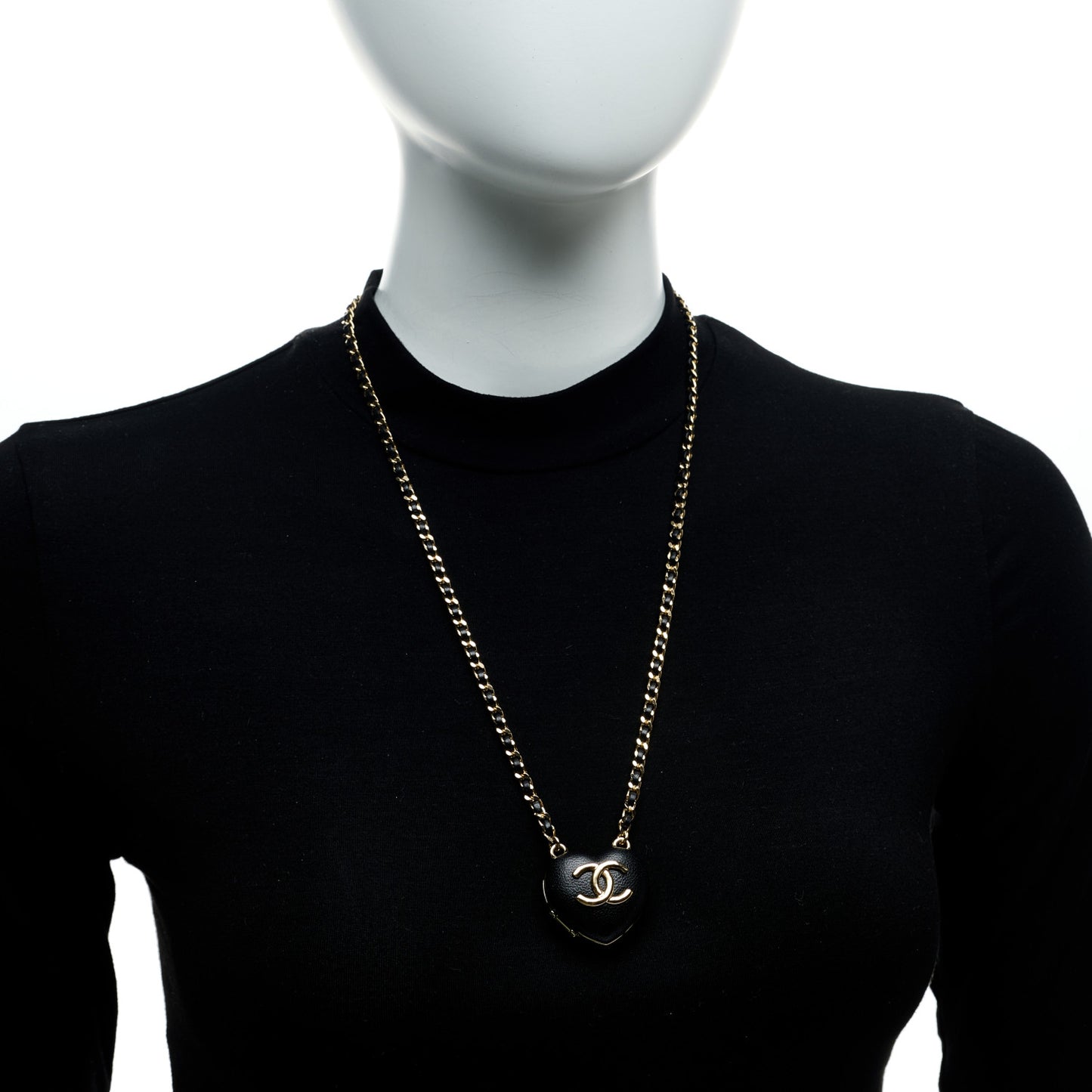 Lambskin CC Heart Mirror Locket Necklace Gold Black