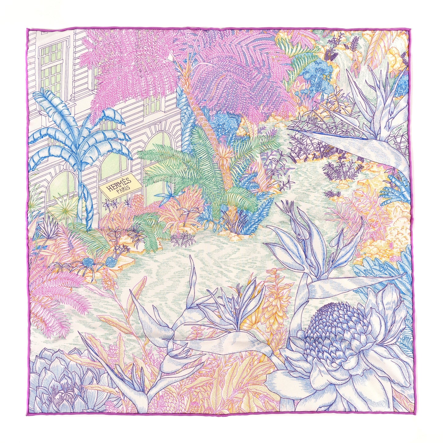 Silk Twill Faubourg Tropical Square 45 Rose Bleu Vert