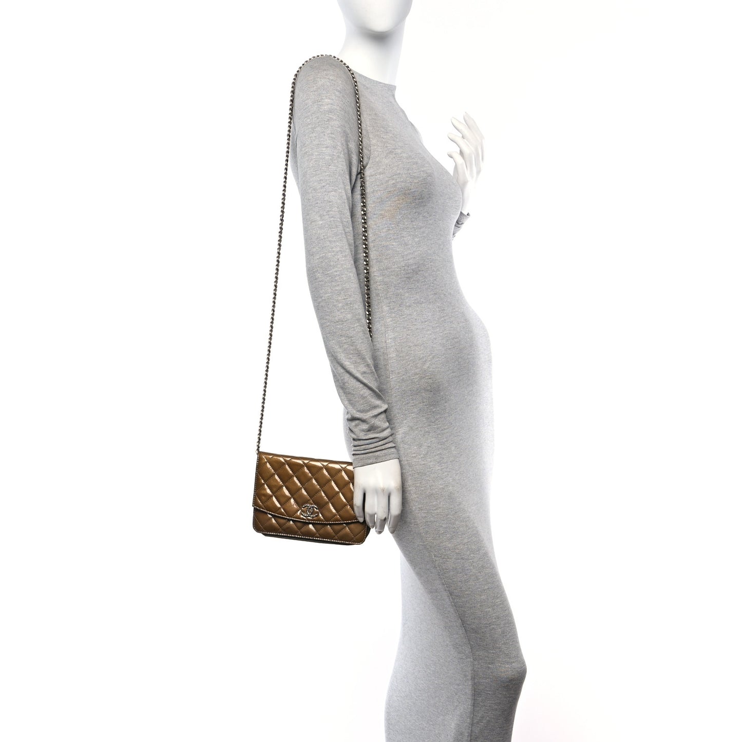 Patent Quilted Brilliant Wallet On Chain WOC Grey