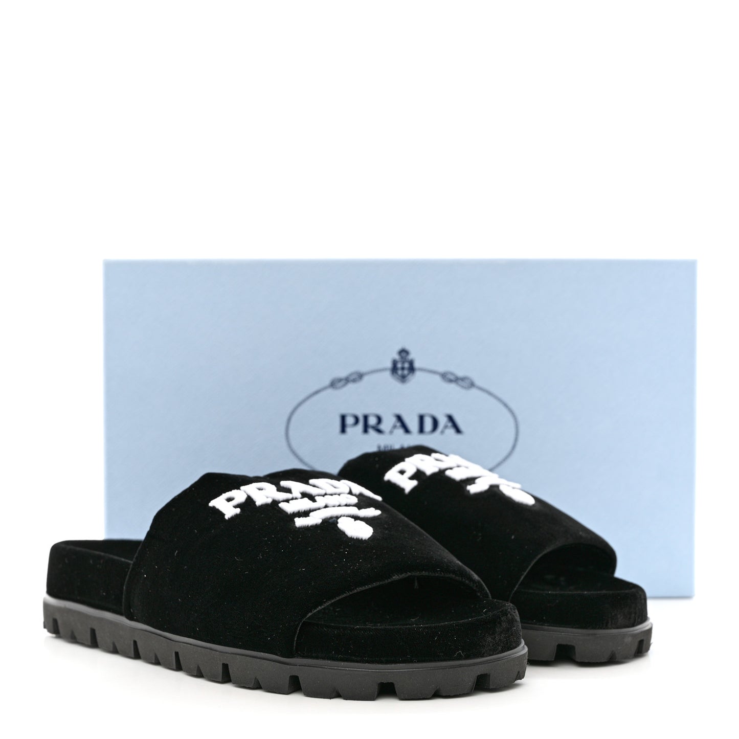 Velvet Logo Lug Sole 20mm Slide Sandals 38 Black