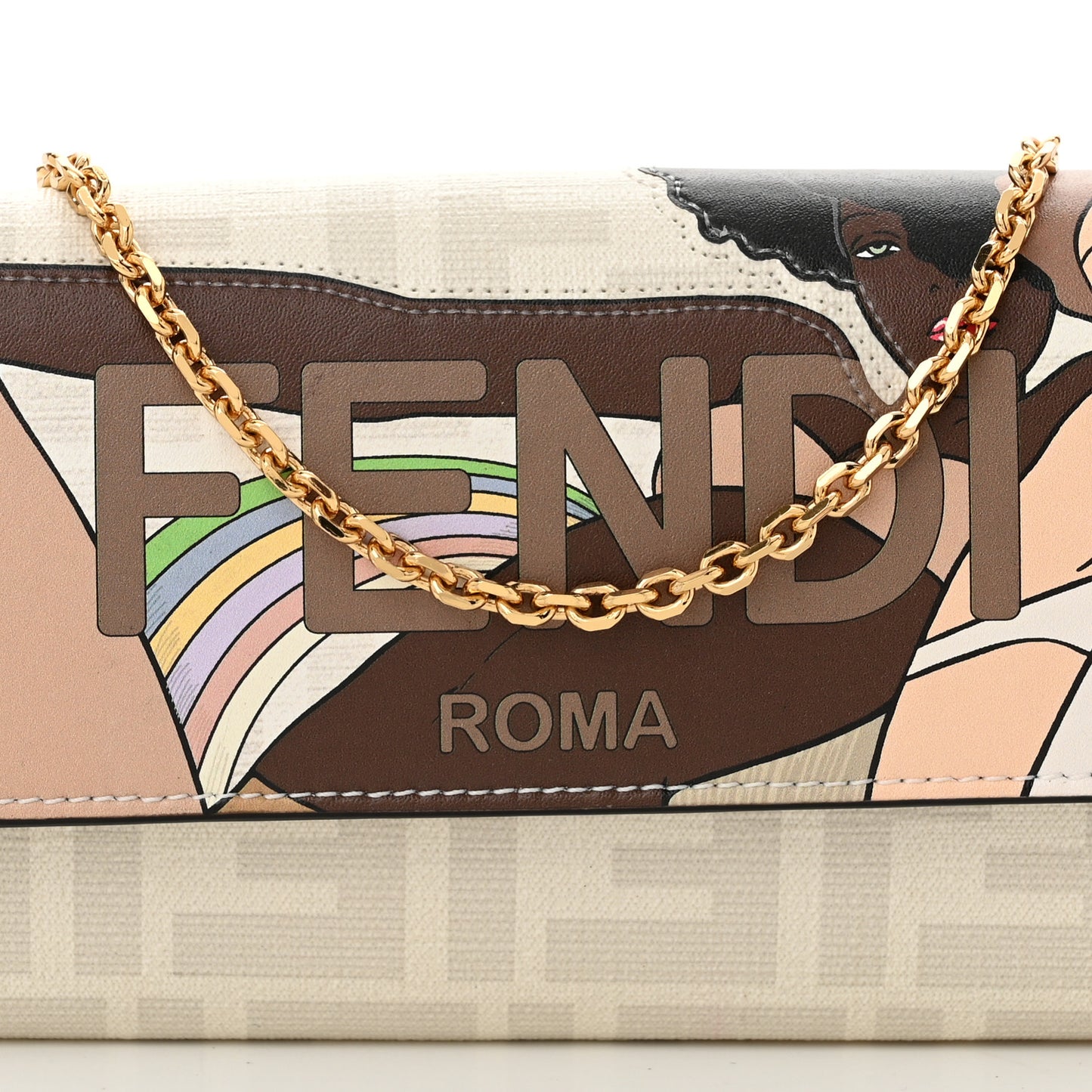 Glazed Fabric Vitello Liberty FF Logo Bikini Girls Inlay Continental Wallet On Chain Bianco Perla Multicolor