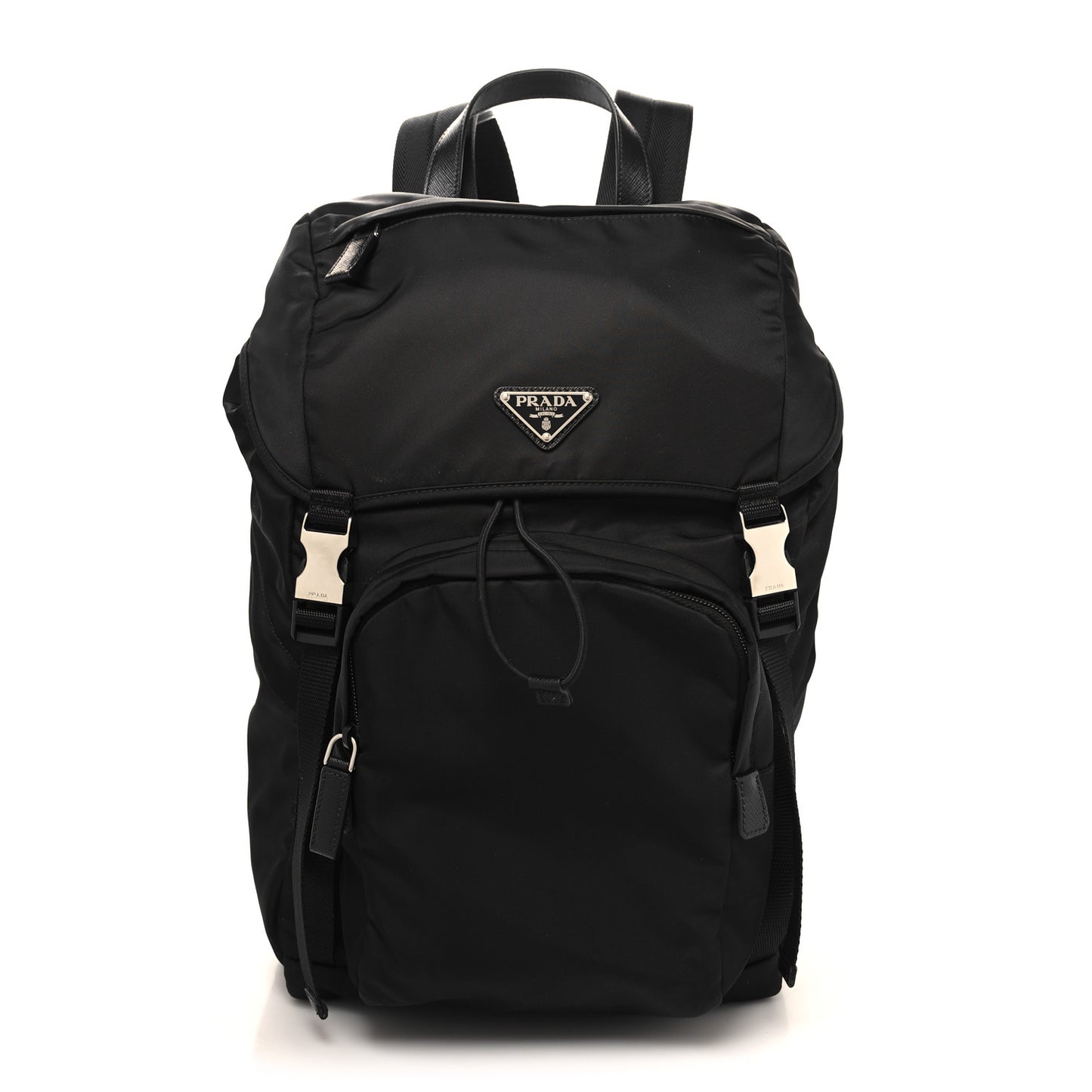 Re-Nylon Saffiano Logo Double Buckle Backpack Black
