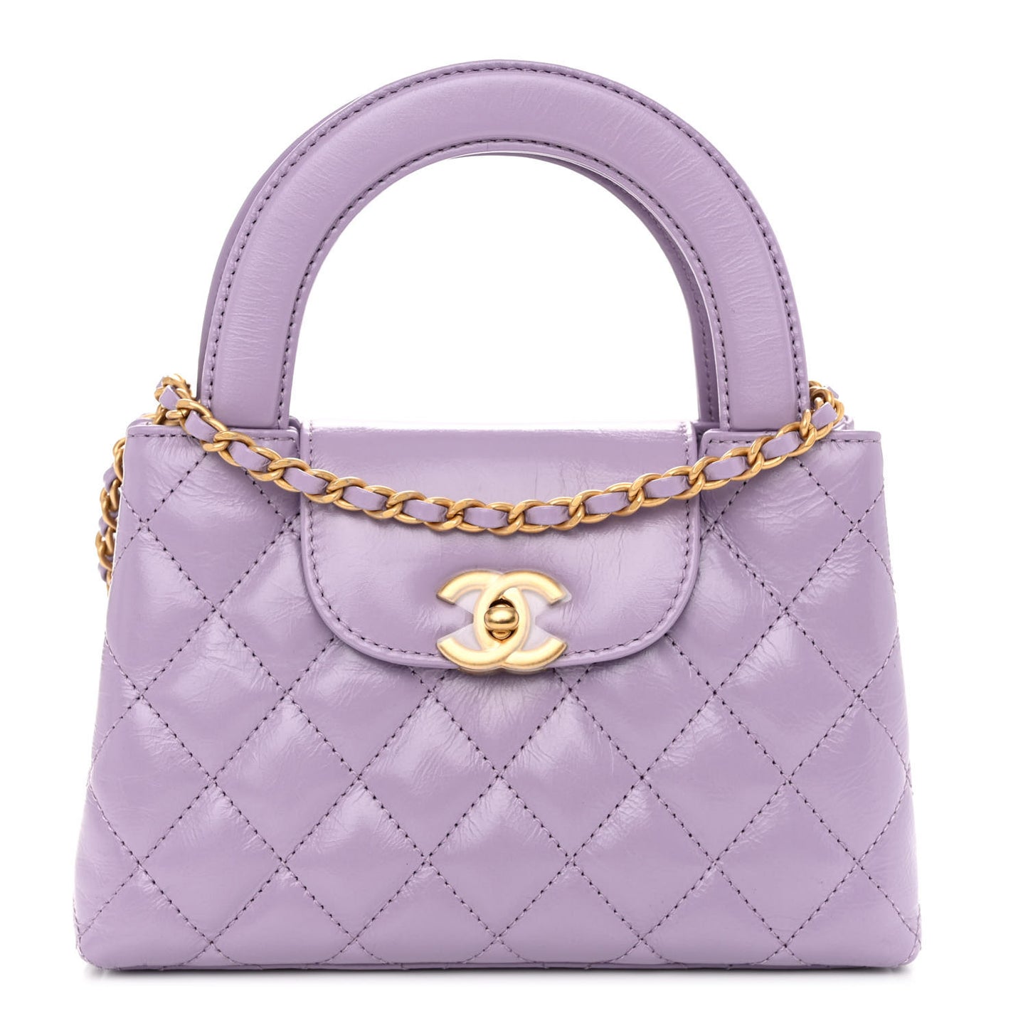 Shiny Aged Calfskin Quilted Nano Kelly Shopper Lilac