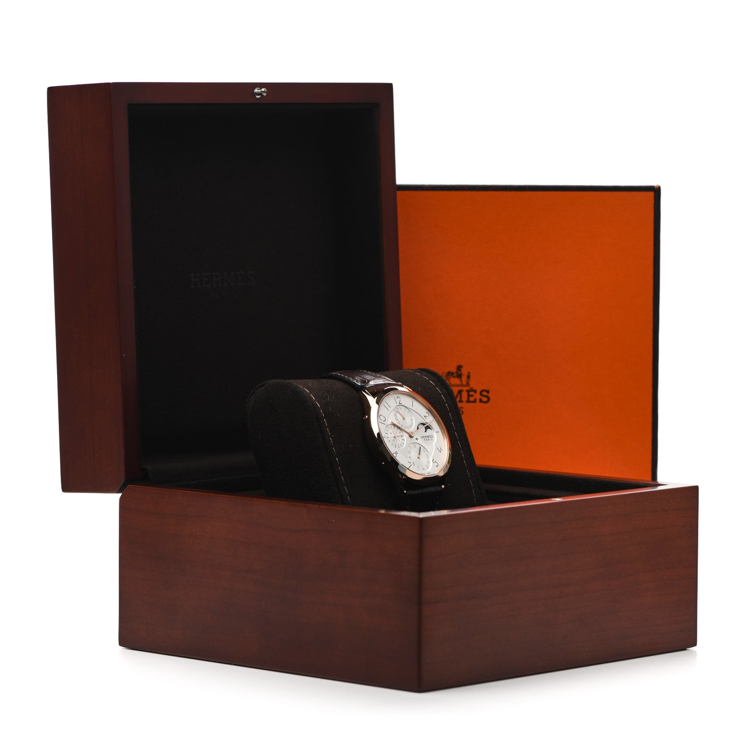 18K Rose Gold Alligator 39.5 Slim d'Hermes Quantieme Perpetuel Automatic Watch Havane