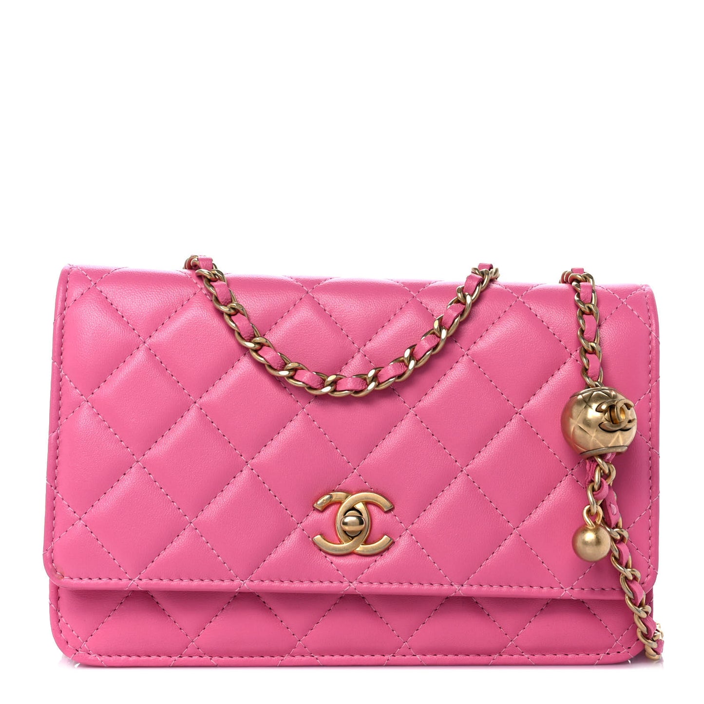 Lambskin Quilted CC Pearl Crush Wallet on Chain WOC Pink
