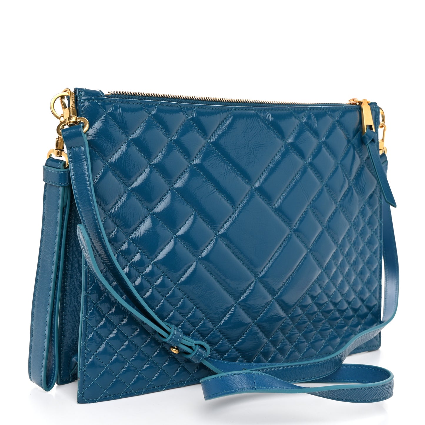 Patent Calfskin Quilted Large Tribute Icon Crossbody Pouch Blue