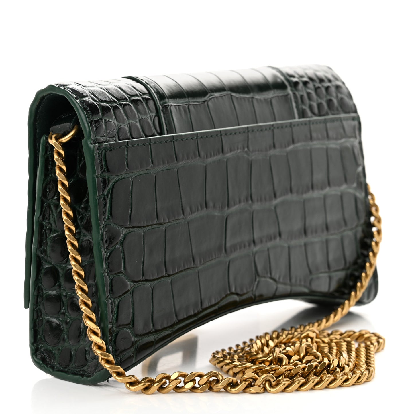 Shiny Calfskin Crocodile Embossed Hourglass Chain Bag Forest Green