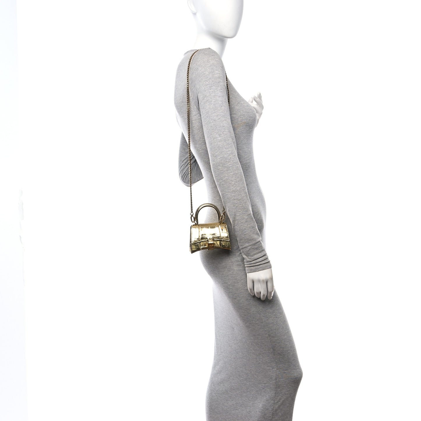 Metallic Calfskin Crocodile Embossed Hourglass Top Handle Bag Mini with Chain Gold
