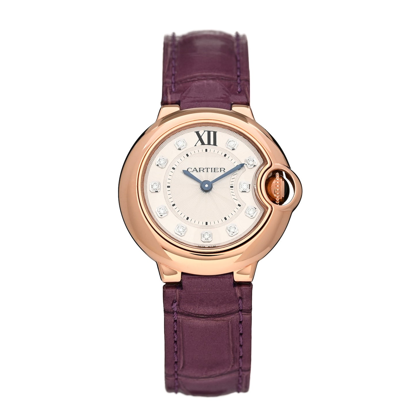 18K Pink Gold Alligator Diamond 33mm Ballon Bleu De Cartier Quartz Watch Violet