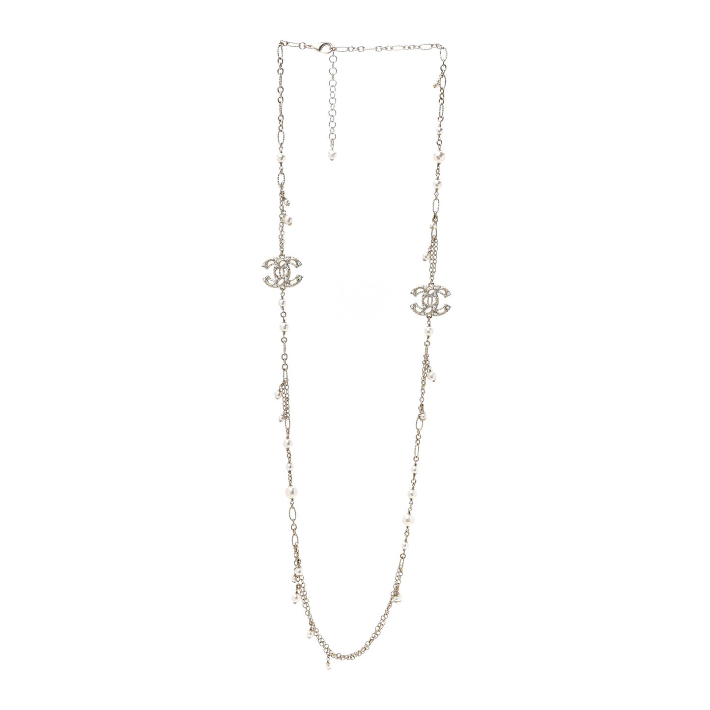 Pearl Crystal CC Long Necklace Light Gold