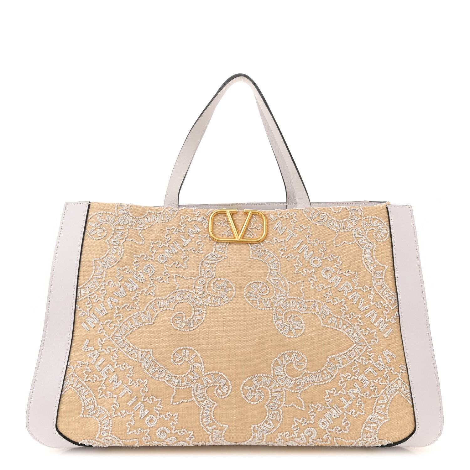 VALENTINO GARAVANI ベージュ トートバッグ Valentino Garavani Linen Beaded Embroidered Bandana Print Vlogo