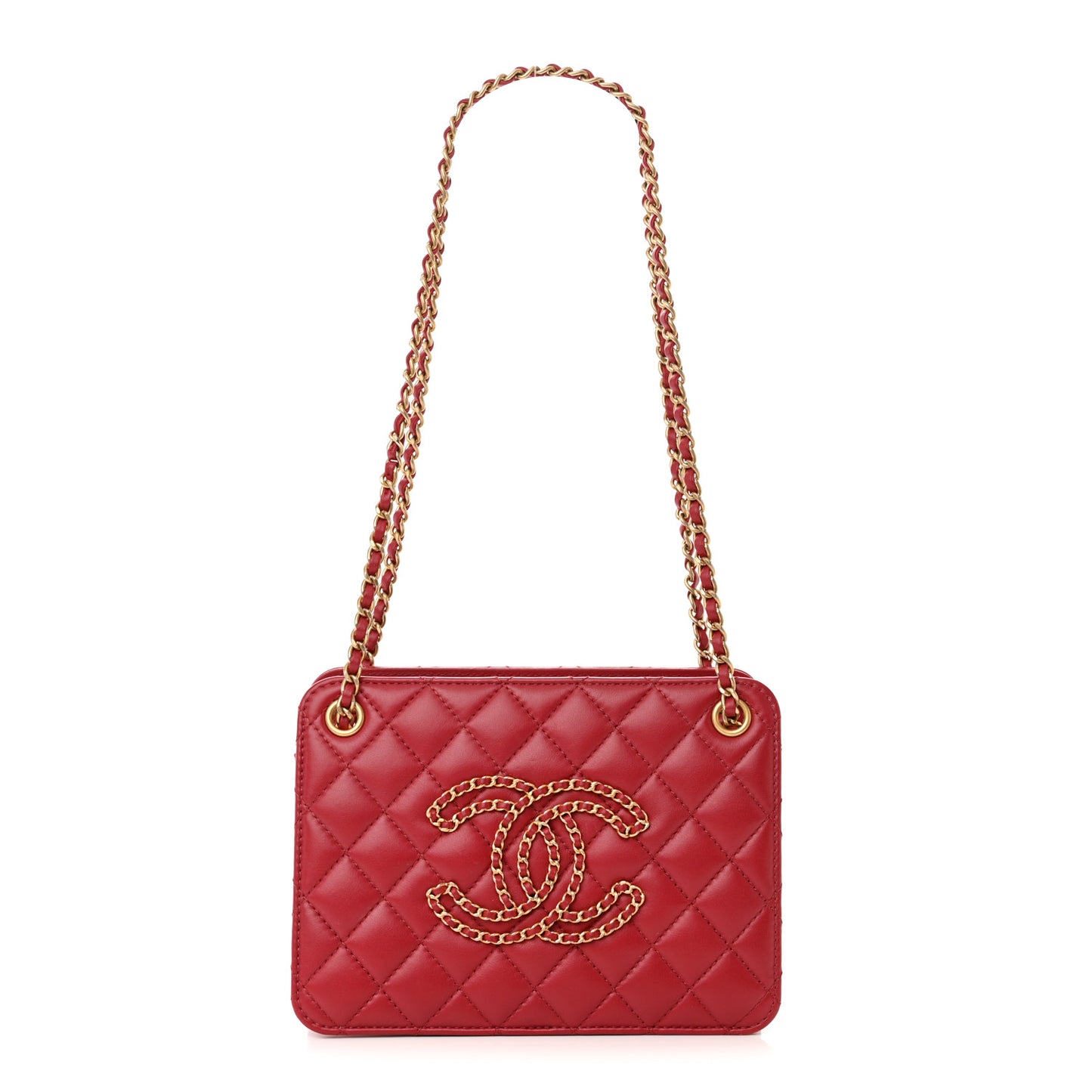 Calfskin Quilted Small CC Chain Accordion Tote Red