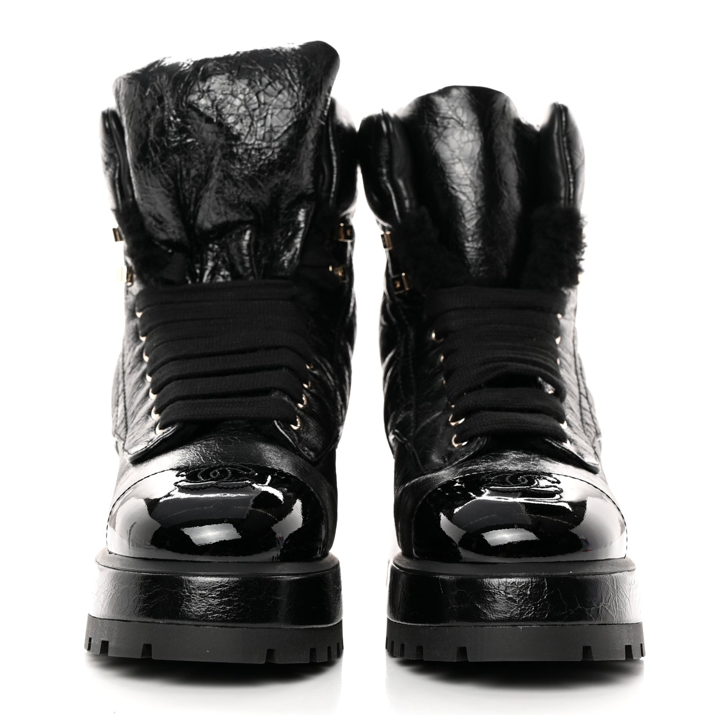 Crumpled Patent Lambskin Calfskin Quilted Lace Up Combat Boots 37.5 Black
