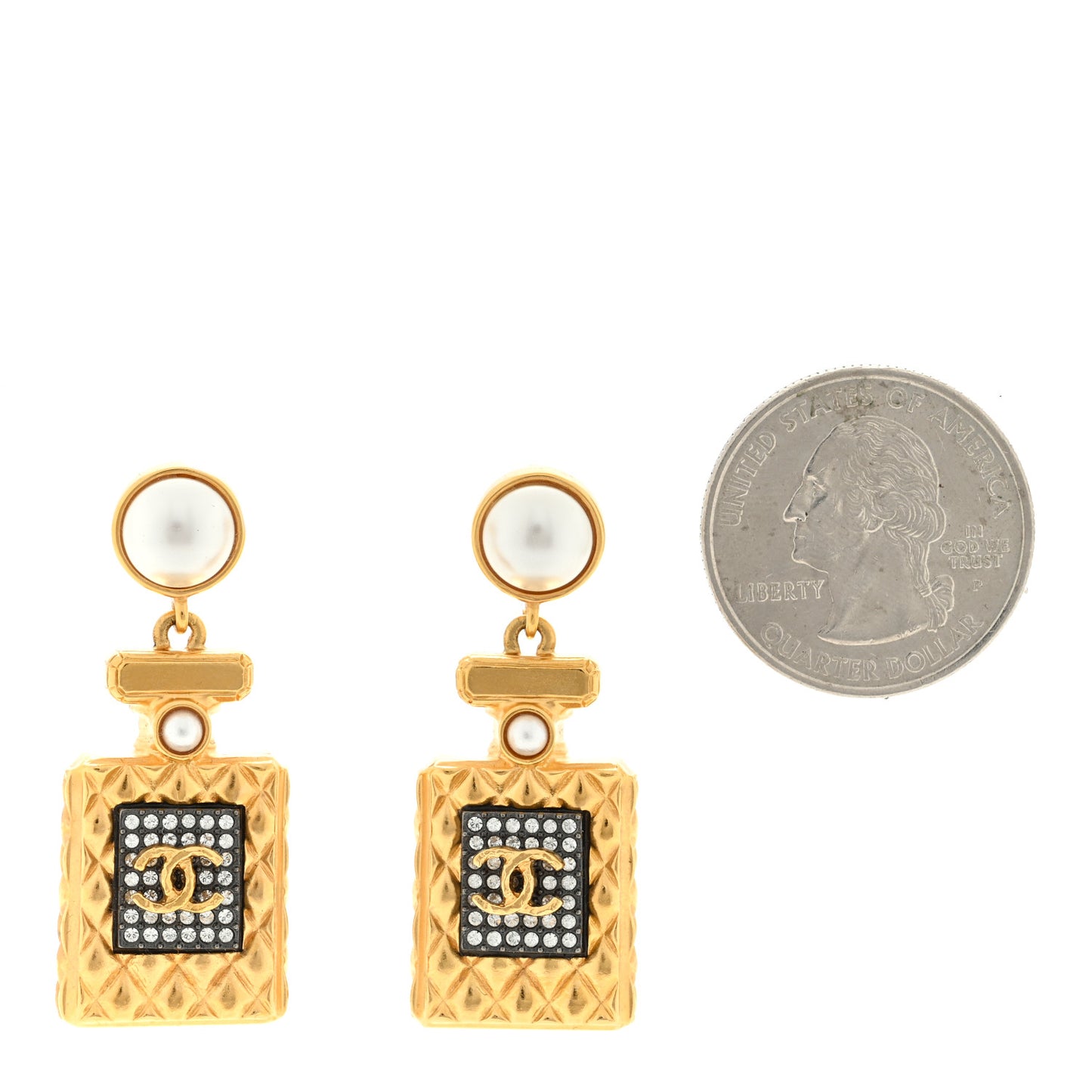 Crystal Pearl CC Perfume Bottle Drop Earrings Gold