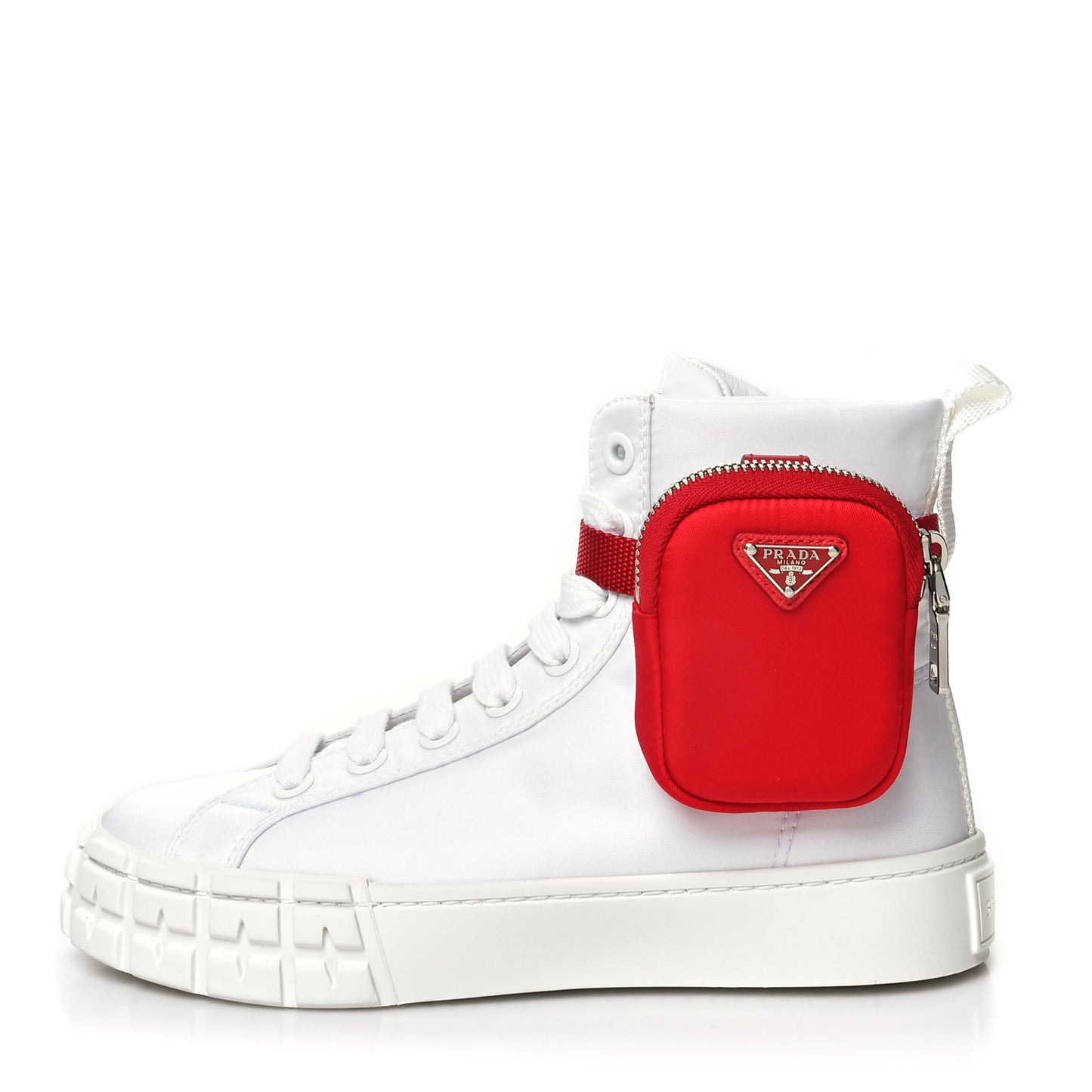 Re-Nylon Gabardine Metal Triangle Logo Wheel Pouch Pocket High Top Sneakers 37 White Red