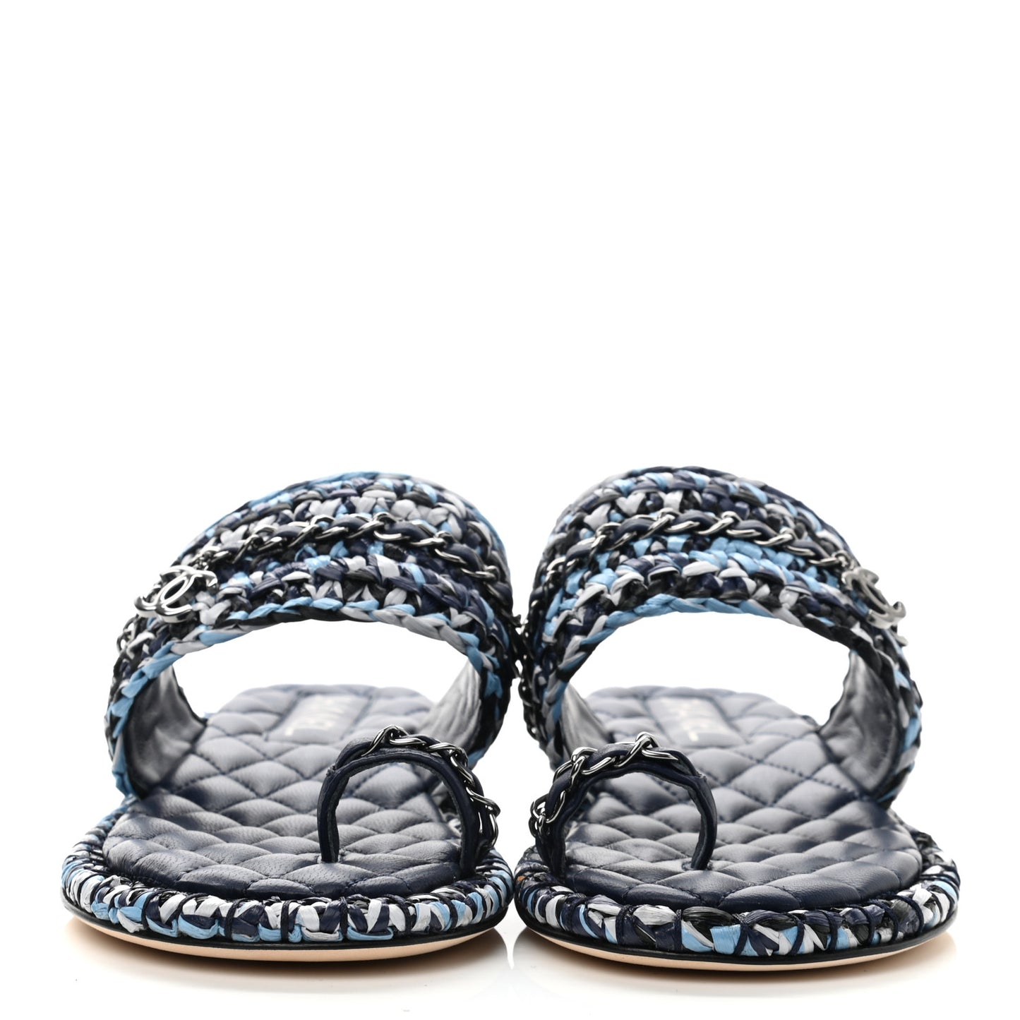 Lambskin Raffia Chain Flat Sandals 36 Blue Black